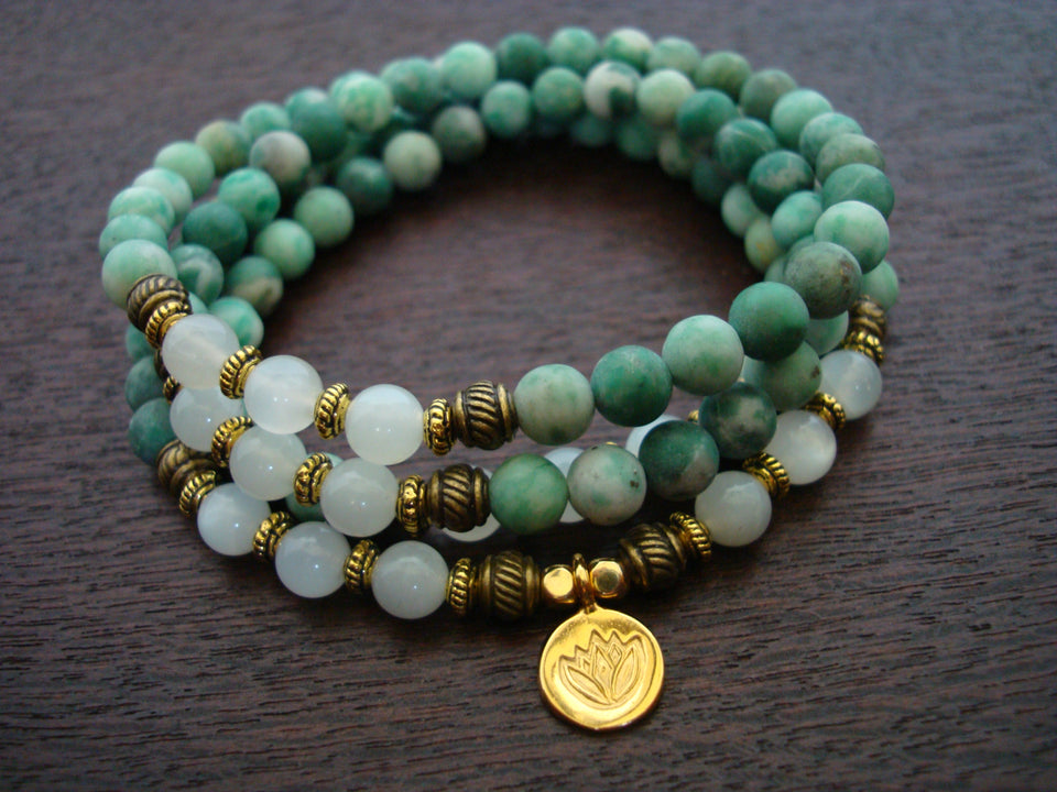 Green Moonstone & Mother of Pearl Moon Skinny Stacker Gemstone Bracelet, Prosperity and Attraction Bracelet(6mm Beads) Large - 7.5