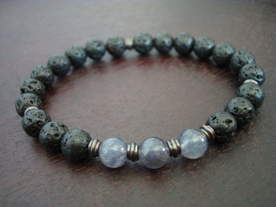 Black Labradorite, Larvikite Stone Bead Mala Stretch Bracelet